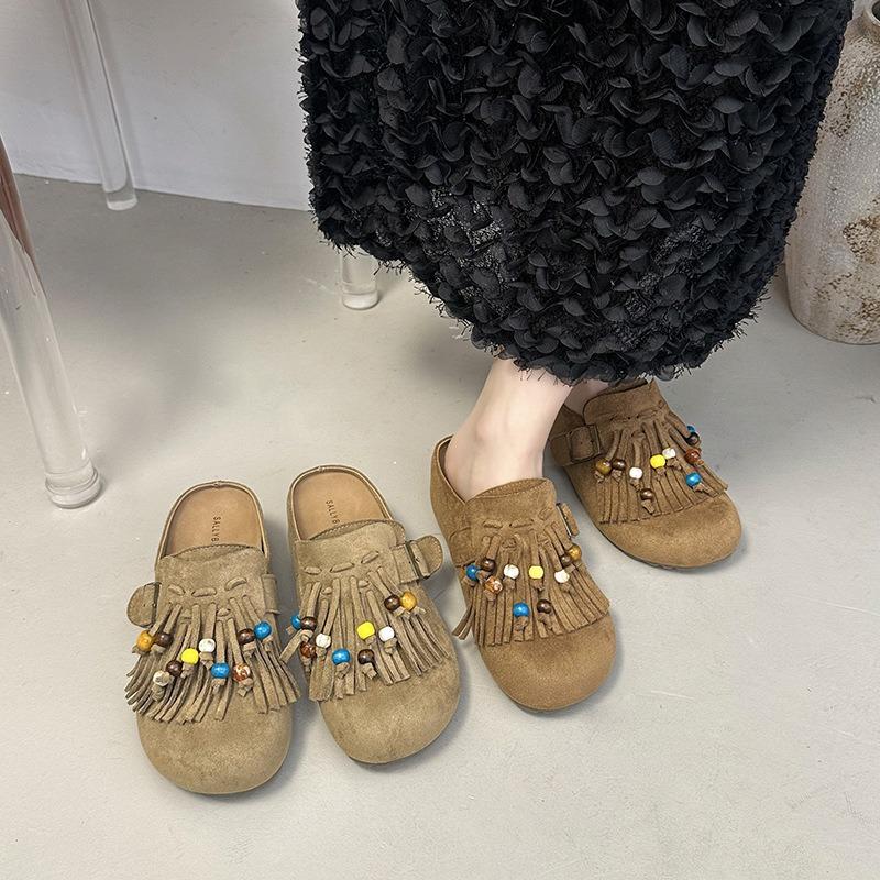 Handmade beaded fringed half-drag summer soft bottom thick bottom small cow anti-velvet bag head slippers