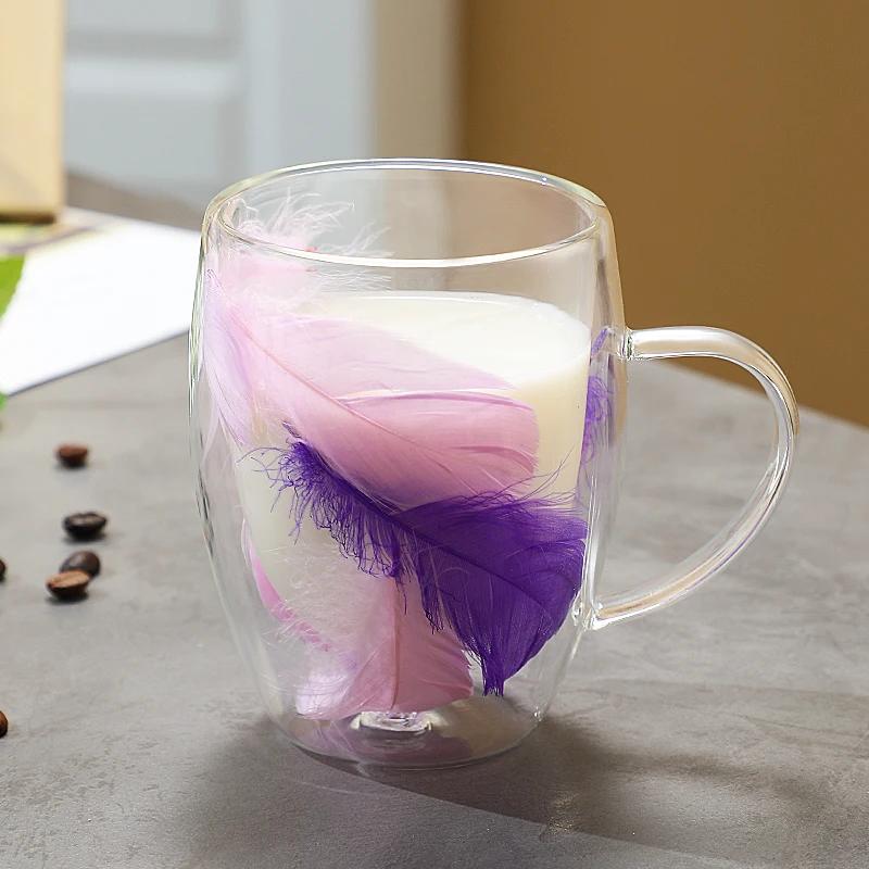 Transparent Feather Double-layer Glass Cup Creative Household Coffee Cup With Handle Heat-resistant And Cold-resistant Glass Cup
