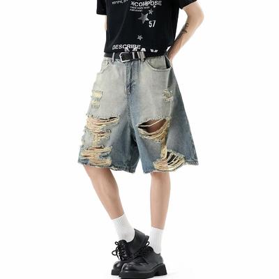 American Retro Old Washed Ripped Cat Whisker Denim Shorts Trendy Loose Ruffian Handsome A-character Cropped Pants Summer Wide-leg Pants