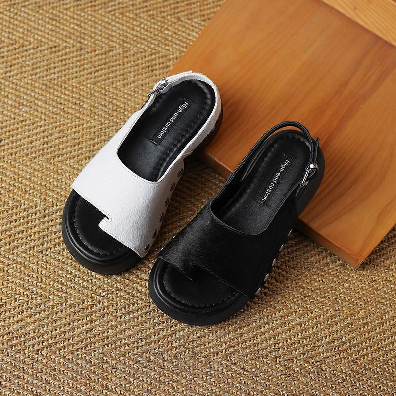 Krazing Pot Horsehair Natural Fur Summer Size 42 European Design Thick Bottom Flat Platform Women Superstar Peep Toe Sandals