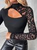 2025 Elegant Lace Patchwork Long-Sleeve Black T-Shirt: European & American Slim Fit