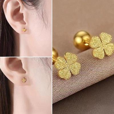 2Pcs  Stainless Steel Frosted Four-Leaf Clover Stud Earrings For Women Hypoallergenic Screw Cartilage Helix Earrings Gift
