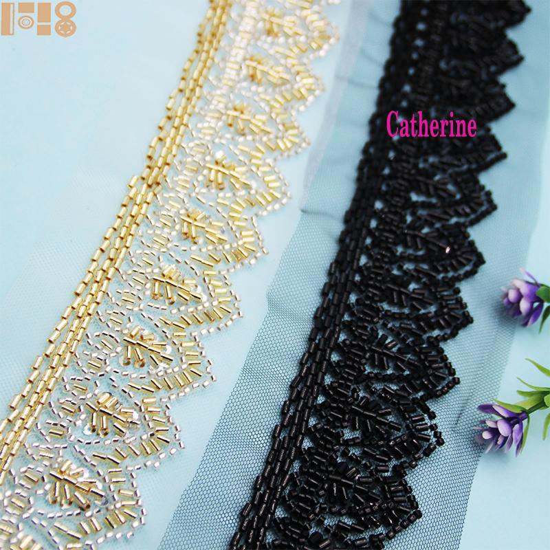 Gold Beaded Lace Ribbon Garment Sewing Accessories Trimmings for Clothing Dress Collar Cuff DIY Crafts Needlework Applique
