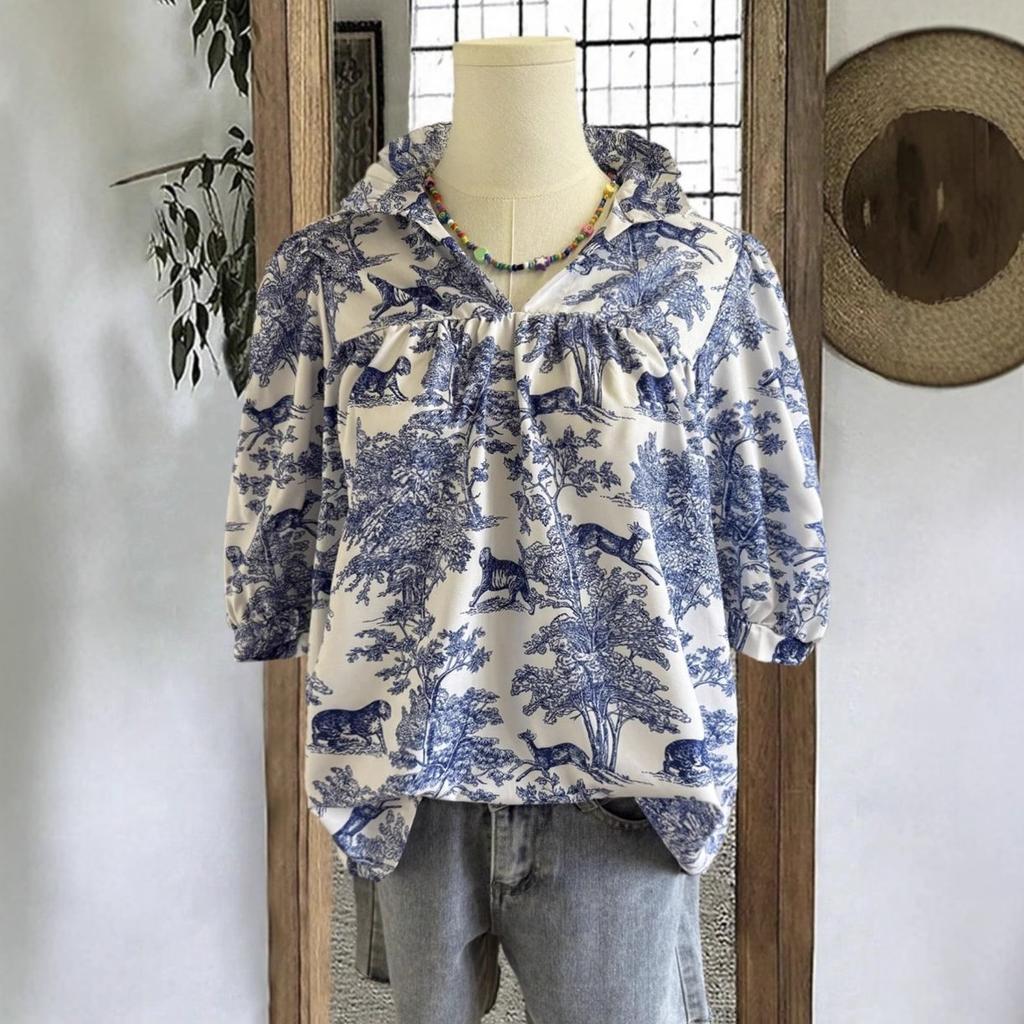 New European and American printed V-neck ruffle edge women's top