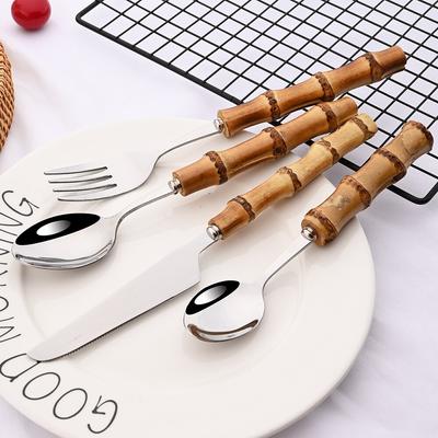 2/4/6Set Bambus Griff Geschirr Set Edelstahl Besteck Gabel Steak Messer Löffel Besteck Set Geschirr hause Besteck Set