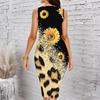 Women Plus Size Sleeveless Round Neck Midi Bodycon Dress White Base Multicolor Wild Floral Print Slim Fitted Dress