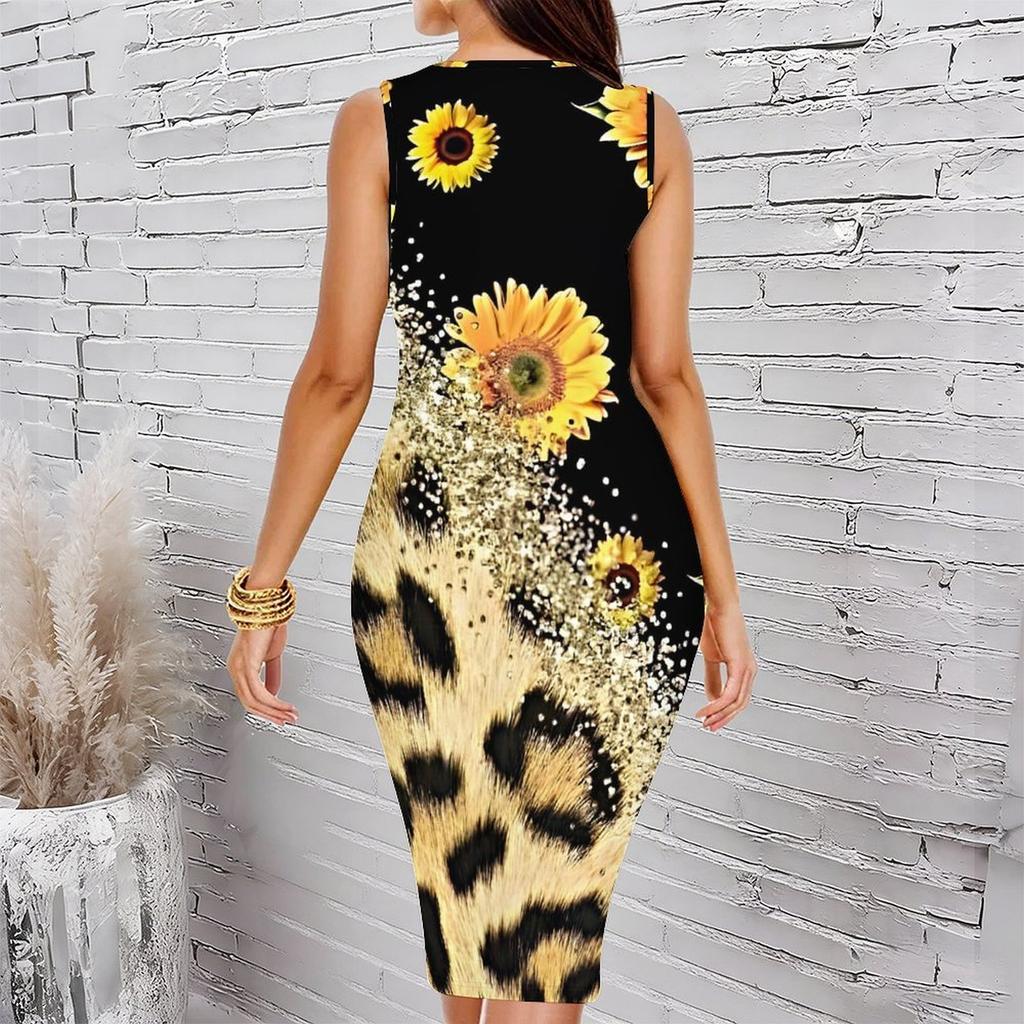 Women Plus Size Sleeveless Round Neck Midi Bodycon Dress White Base Multicolor Wild Floral Print Slim Fitted Dress