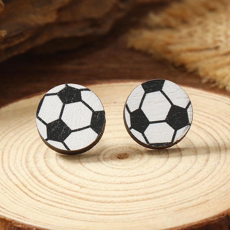 Cow Print Sports Ball Wooden Stud Earrings: Cartoon Volleyball, Football, Basketball Design