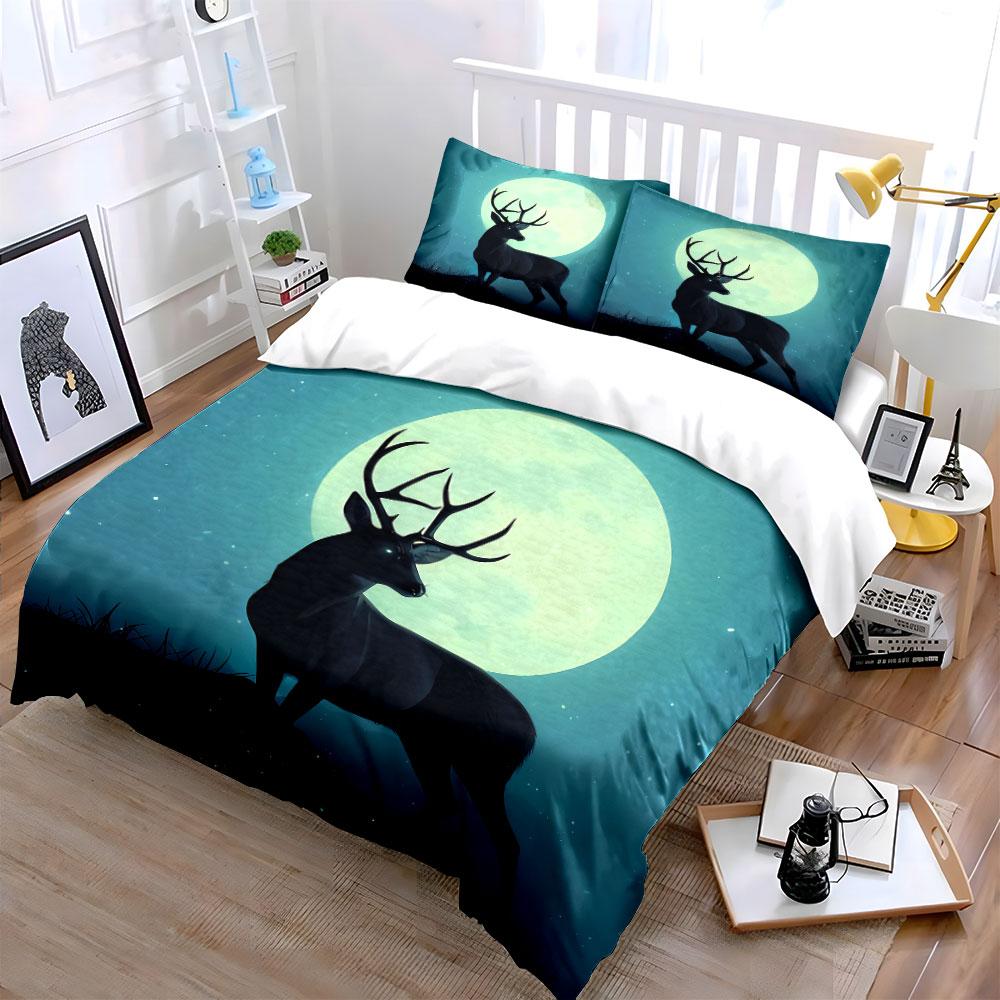 Moonlit Deer Landscape Decor Soft Comfortable Duvet Cover Bedding Set Included 1*Duvet Cover & 2*Pillowcases, Gift