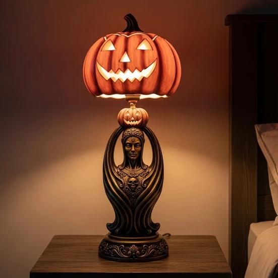 Pumpkin Night Light Halloween Horror Skeleton Ghost Witch Pumpkin Lantern Resin LED Tabletop Lamp for Gothic Room Desk Decorr