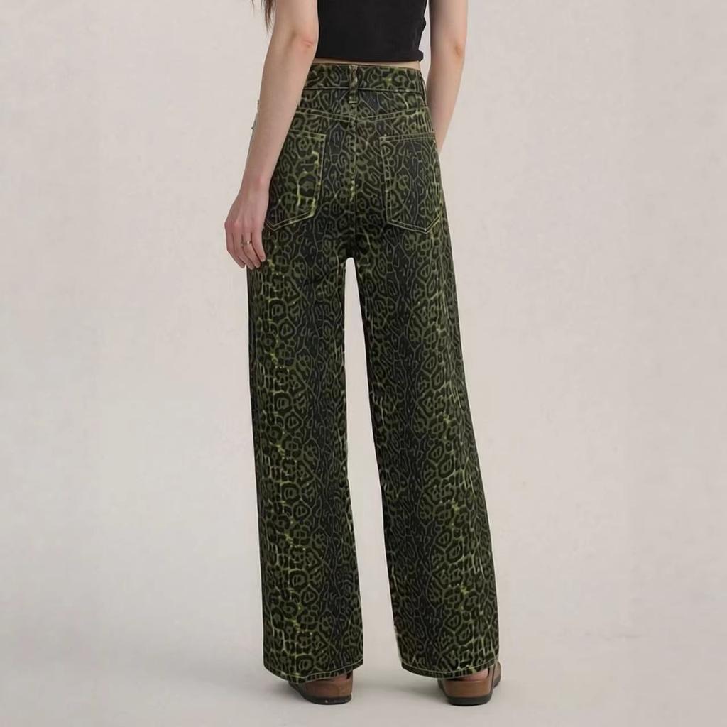 European and American wide-leg straight leopard print personalized fashion design sense women's jeans