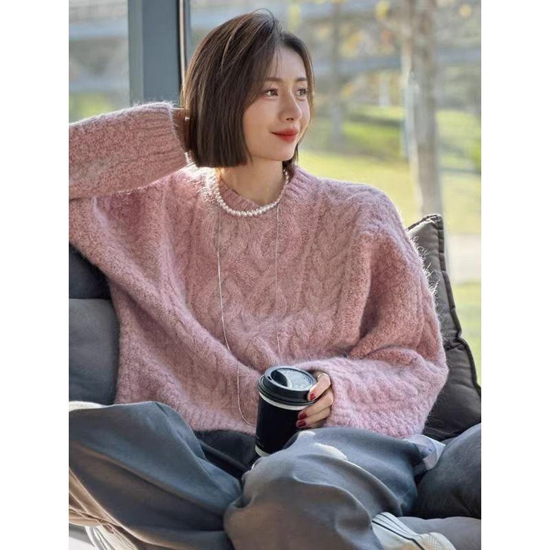 

Rouje RSUA French Soft Glutinous Fashion Knit Top New Arrival Elegant Pink Raccoon Velvet Cable-Knit Sweater Women Pink S