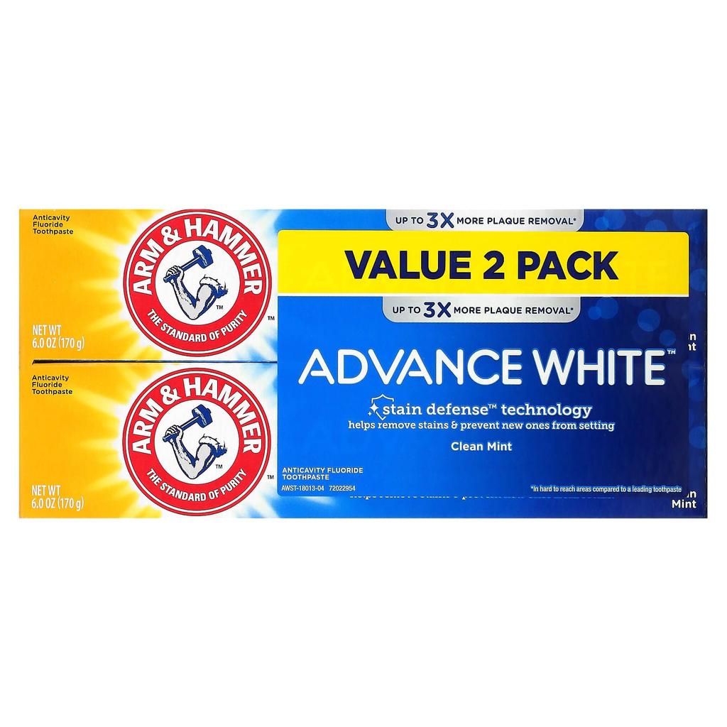 Arm & Hammer, Advance White, Anti-cavity Fluoride Toothpaste, Clean Mint, Twin Pack, 6 Oz (170 G) Each