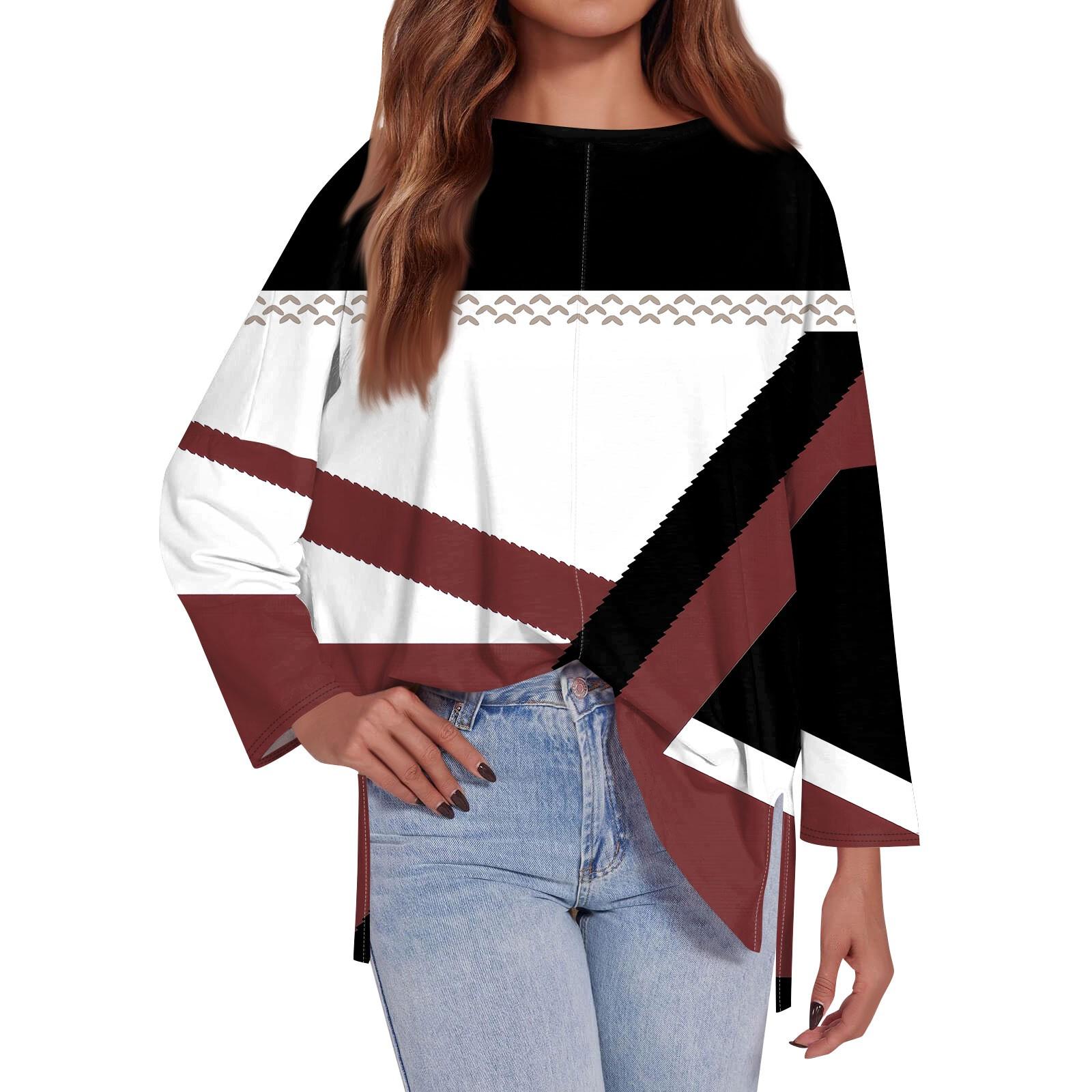 

Женская модная свободная футболка большого размера с круглым вырезом и длинным рукавом, с геометрическим узором по бокам, с принтом, повседневный топ XXL винный