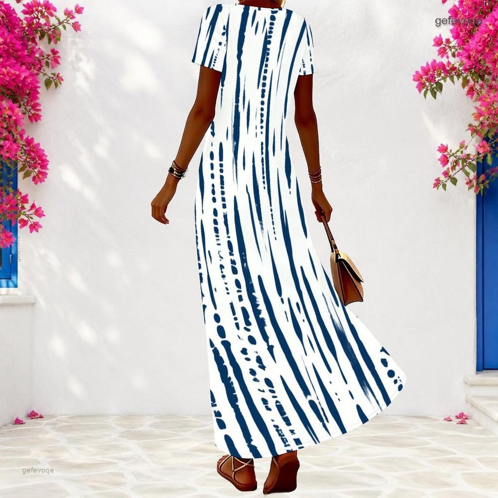 Women Plus Size V Neck Short Sleeve Colorful Printed Loose Long Dress