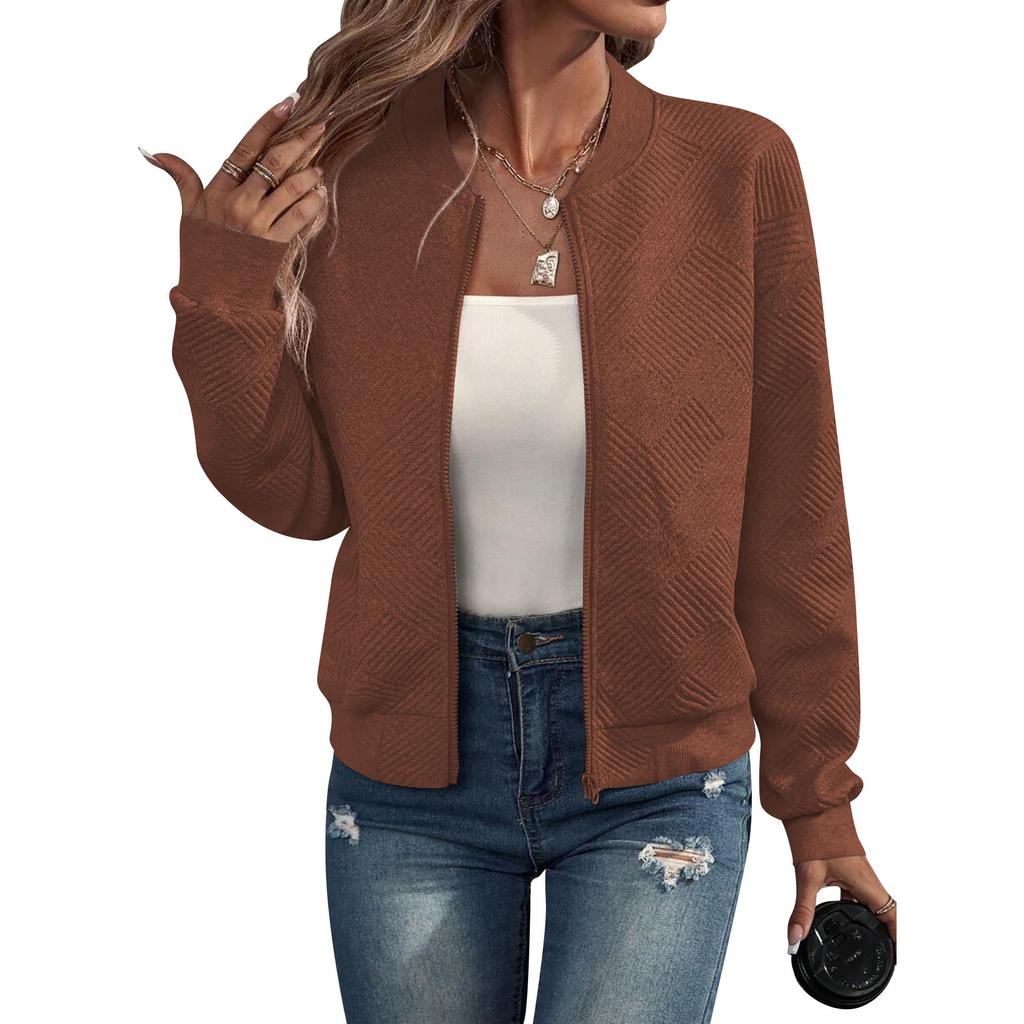 Women's Solid Textured Zip Up Jacket Casual Long Sleeve Mock Neck Outerwear for Spring & Fall Ladies Clothes for Daily Wear