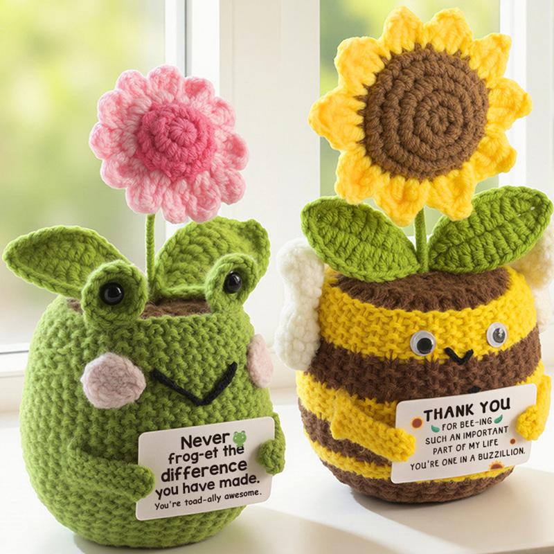 Funny Positive Crochet Frog Bee Plant Pot Doll Desktop Ornament Handmade Emotional Support Positive Frog Pot Home Decoration