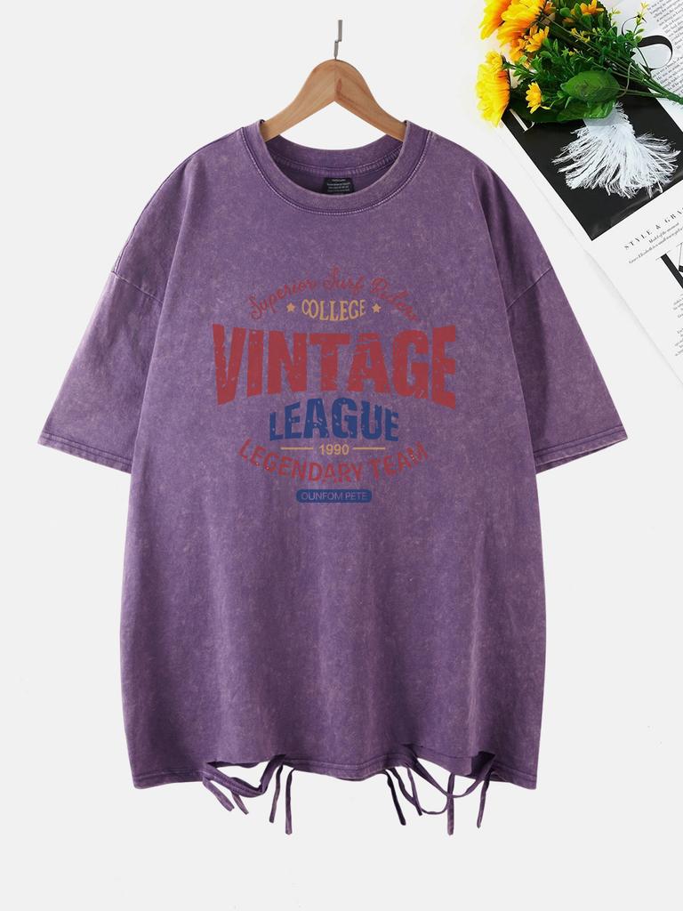 Vintage League Letter Prints Washed TShirts Women Cottontops Comfortable ONeck Oversize T Shirts Fashion Womans Streetwear