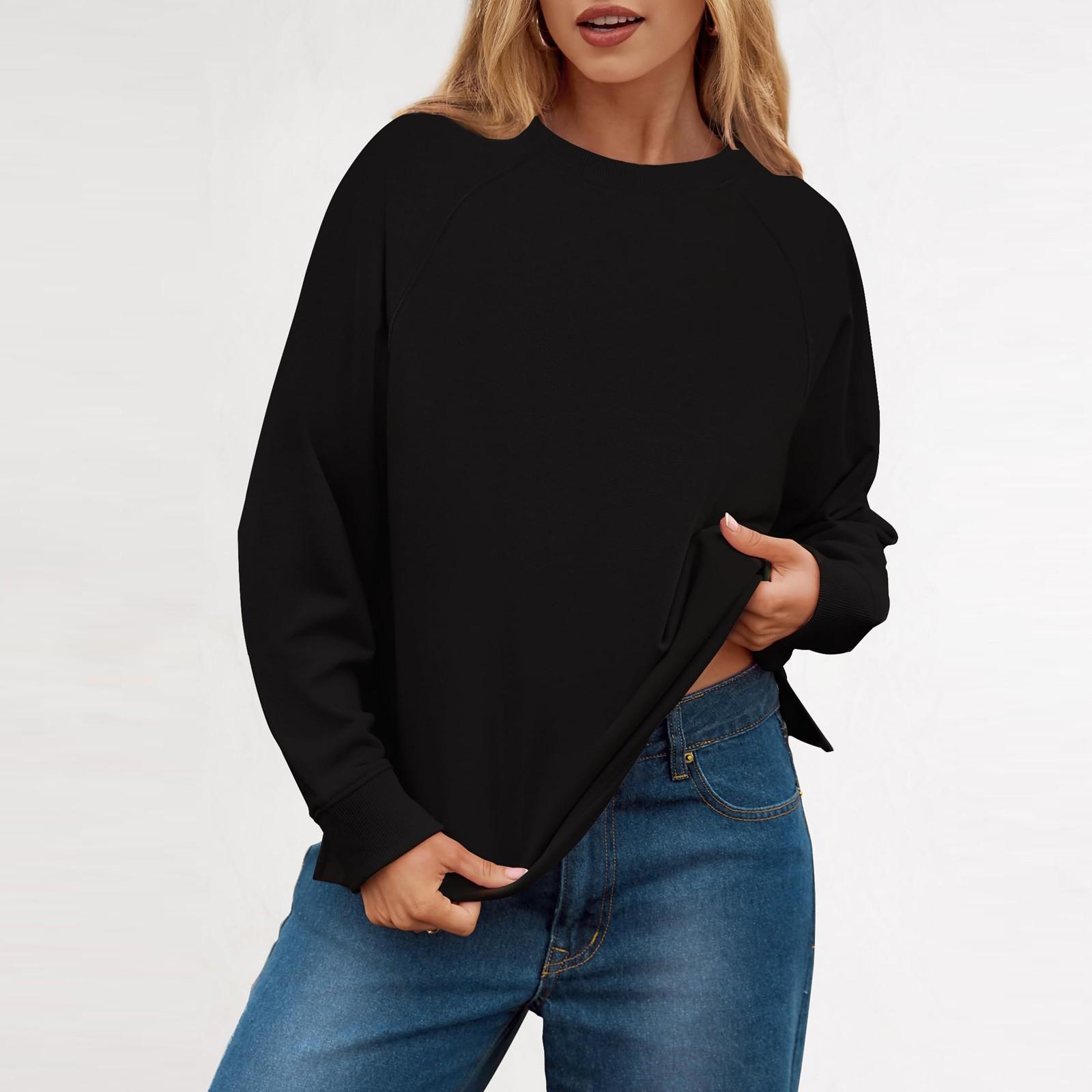 Новые модные толстовки с круглым вырезом для женщин с длинным рукавом, легкие осенние и зимние топы M чёрный