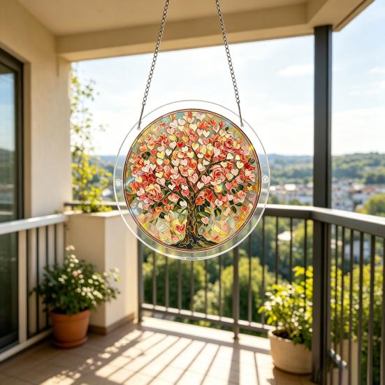 Acrylic Jigsaw Puzzle Suncatcher, Tree of Life/Flowers Stained Glass Style Window Hanging Decor, DIY Sun Catcher Kit for Home, Garden