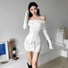 Pure desire Spice Girl style strap waist one-word shoulder long-sleeved dress women's autumn new slim-fitting sexy hip-wrapped short dress