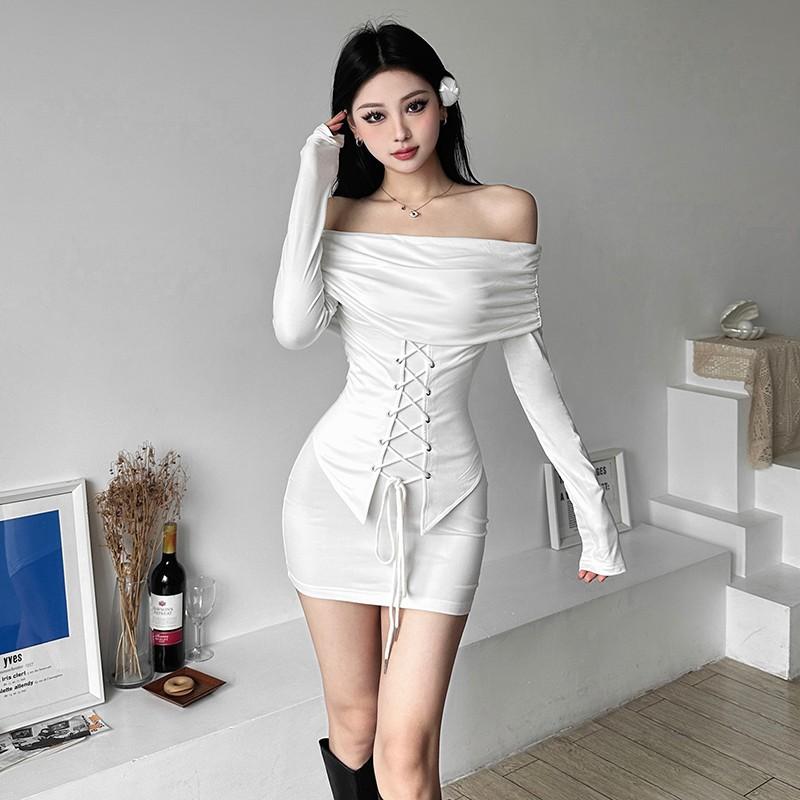 Pure desire Spice Girl style strap waist one-word shoulder long-sleeved dress women's autumn new slim-fitting sexy hip-wrapped short dress