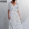 YYFS Damenmode Sommer Frühling Blumenmuster Druck Kurzarm V-Ausschnitt Hohe Taille Freizeitkleider