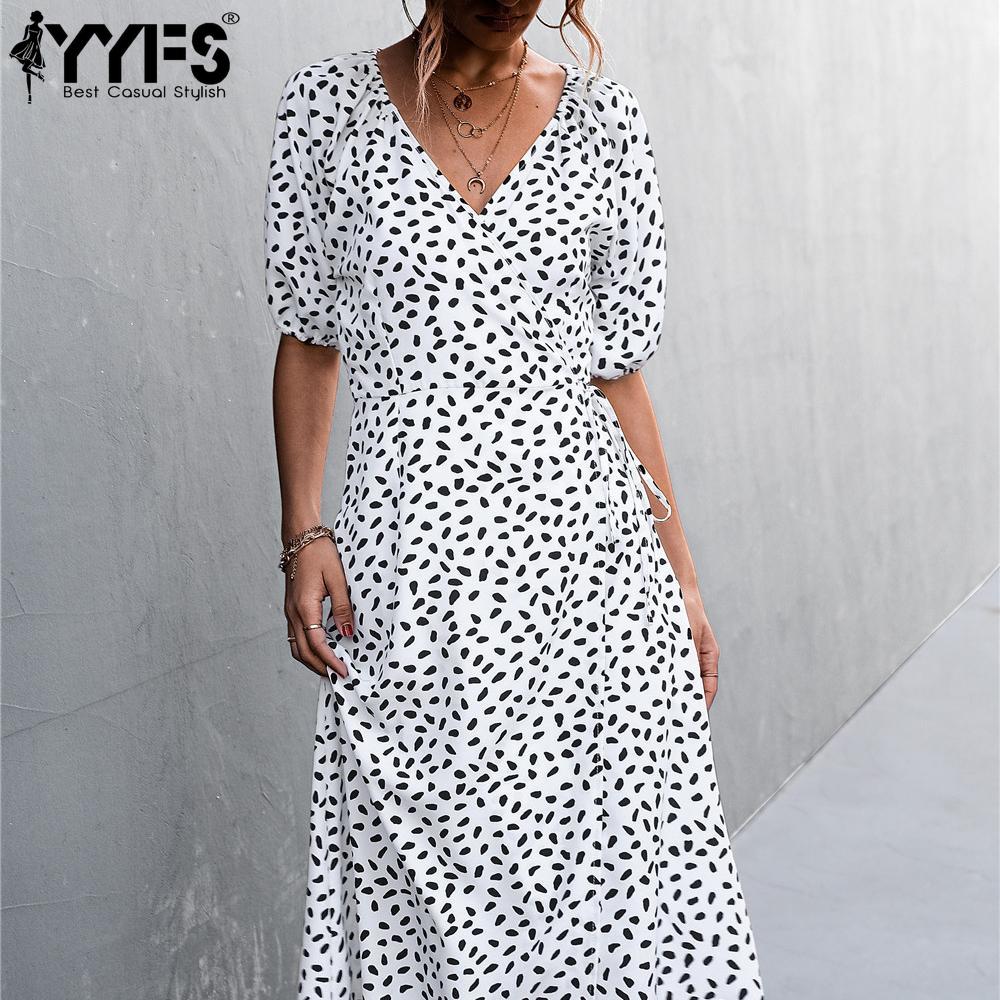 YYFS Damenmode Sommer Frühling Blumenmuster Druck Kurzarm V-Ausschnitt Hohe Taille Freizeitkleider