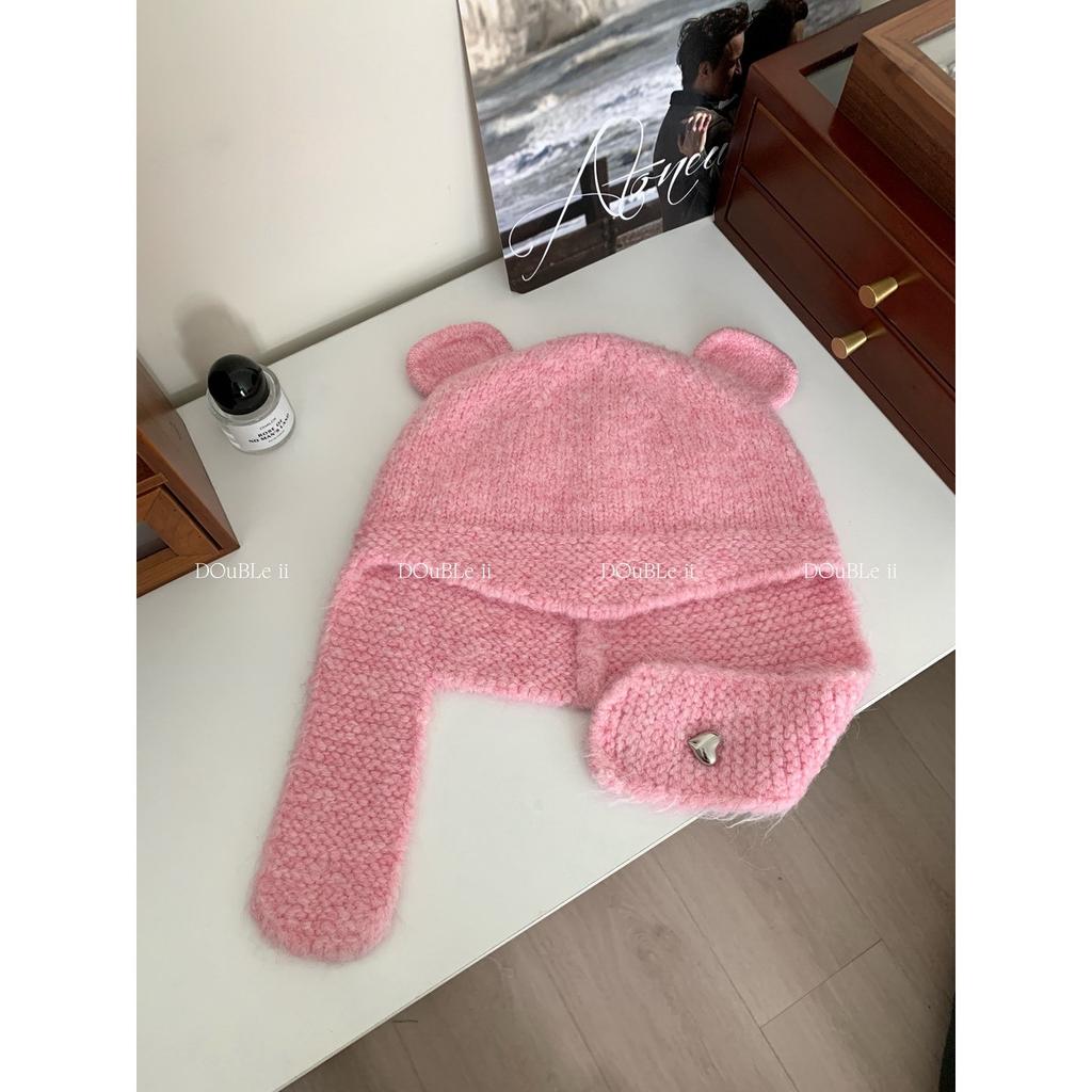 Double i i cute little ears knitted wool hat women's warm ear protection Lei Feng hat shows small face