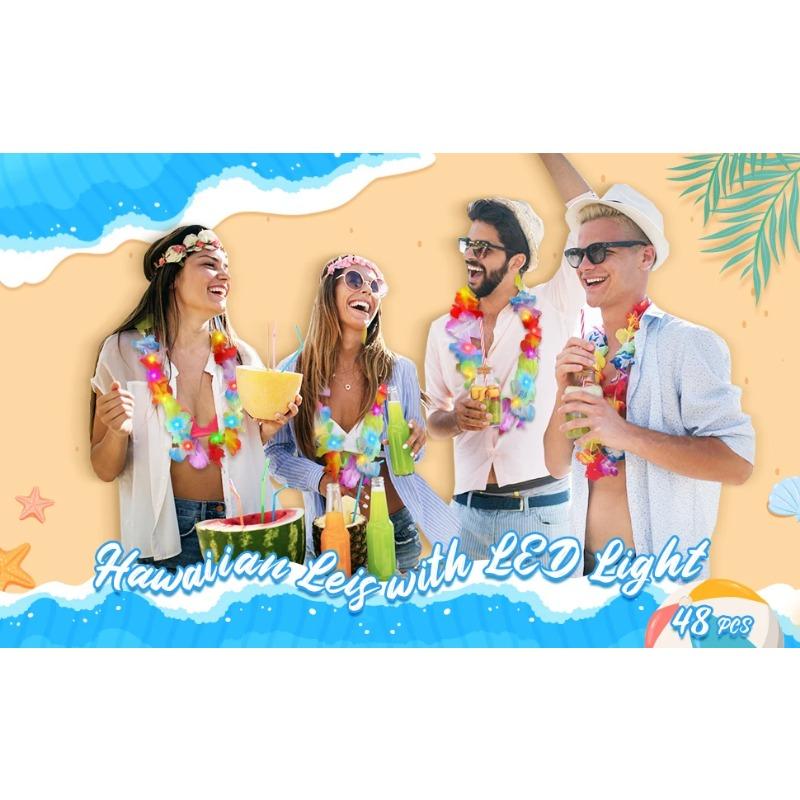 10Pcs LED Hawaiian Leis Light up Flower Leis Necklace Luau Flowers Wreath Garlands Beach Wedding Tropical Themed Party Supplies