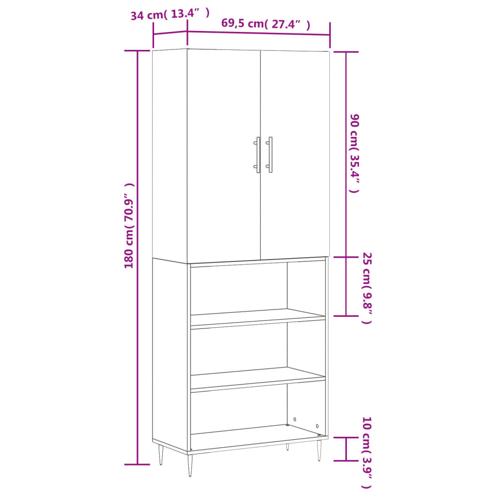 Highboard Concrete Grey 69.5x34x180 cm Engineered Wood