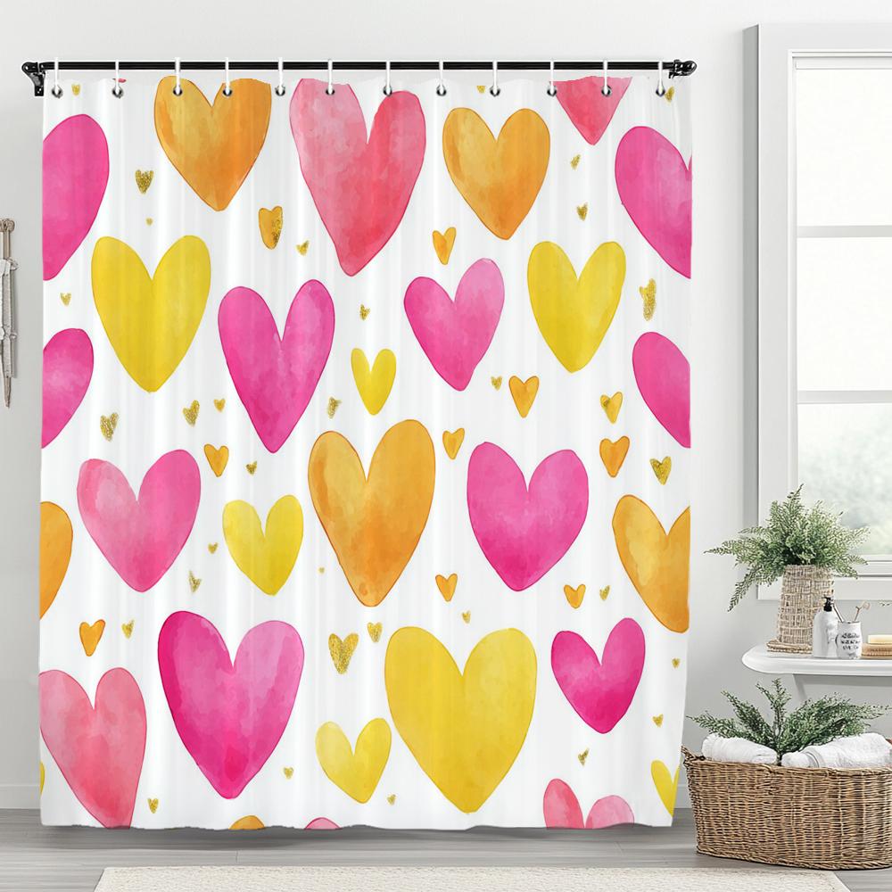 Modern Red Love Pattern Shower Curtain,Lover Printed Polyester Fabric Decorative Bathroom Curtain, Home Curtain with Hooks