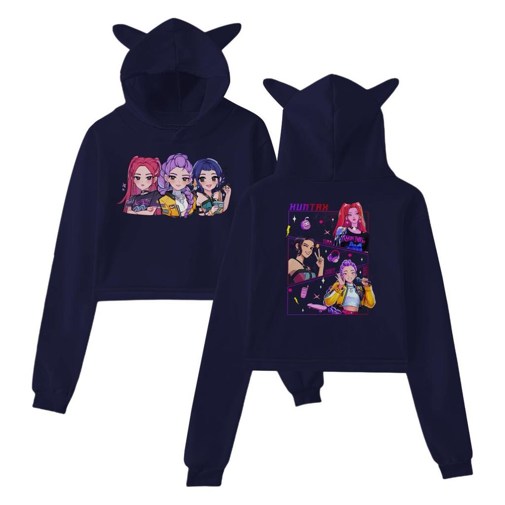 New KPop Demon Hunters Crop Tops Cat Ears Sweatshirt Long Sleeve Girls Women Fashion Hoodie