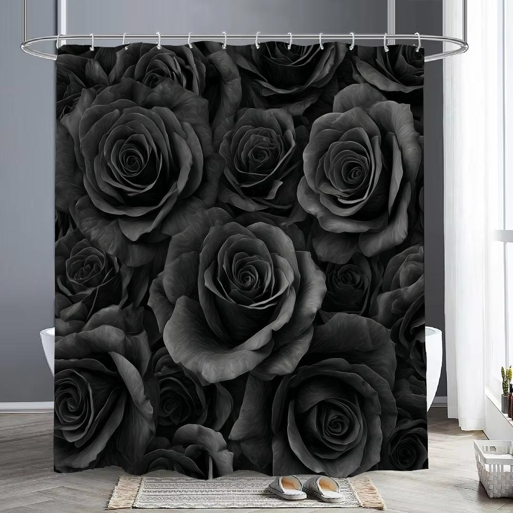 Dunika Chen Black Modern Art Rose Flowers Printing Shower Curtain Bathroom Decorative Shower Curtain Waterproof Shower Curtain With Hooks