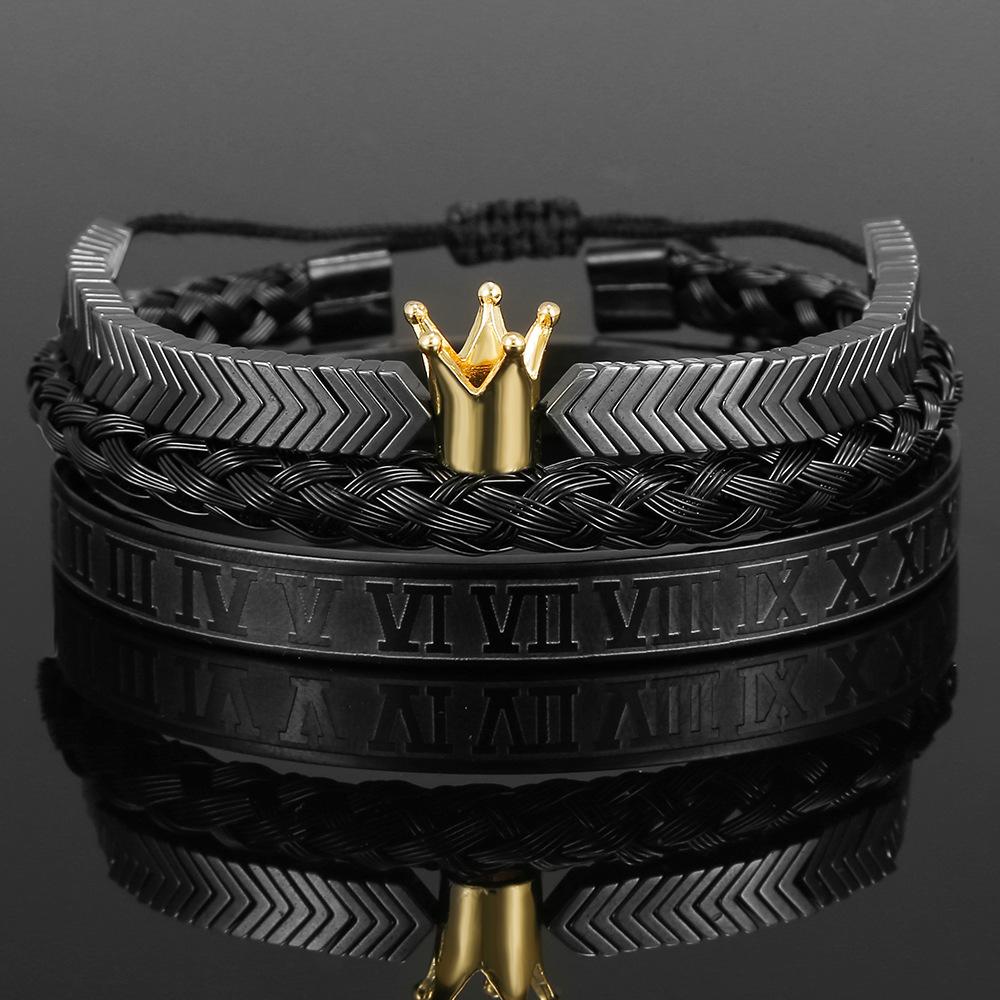 European and American retro crown woven bracelet, Roman letter stainless steel mesh open bracelet set three pieces men
