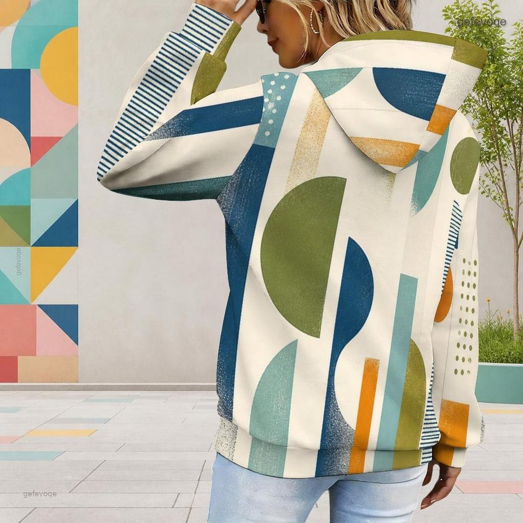 Women Plus Size Geometric Printed Long Sleeve Drawstring Hood Kangaroo Pocket Pullover Hoodie