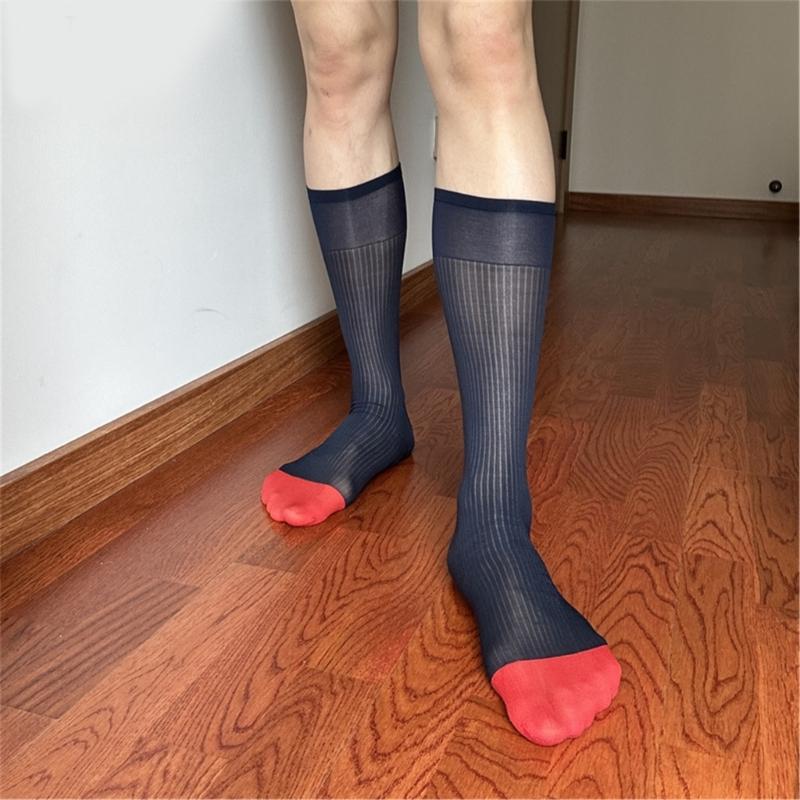 Mens Nylon Sheer Suit Socks Business Dress Socks Contrast Color Striped See Through Formal Dress Over the Calf Stockings
