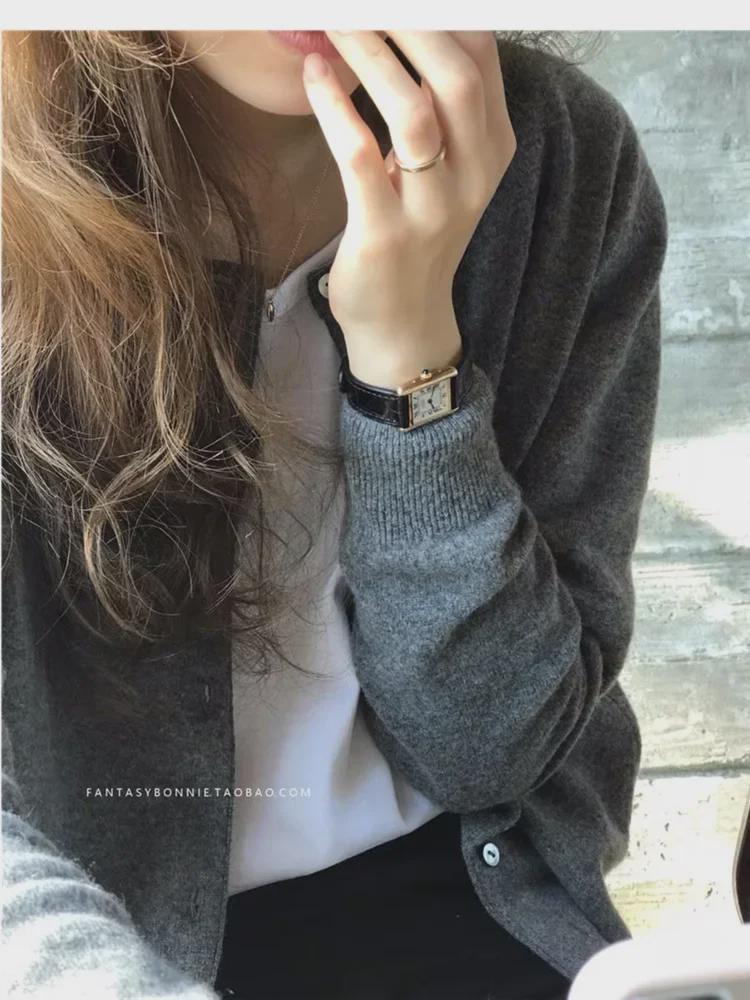 Spring 2025 High-End Women's Gray Knitted Cardigan - Versatile Short Sweater