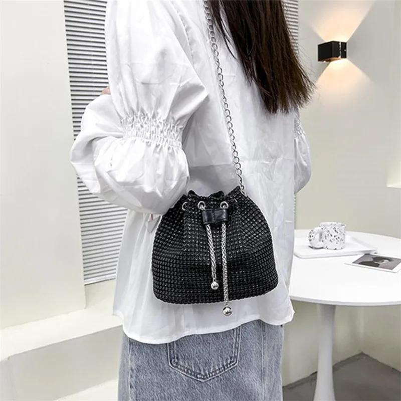 Sparkling Rhinestone Embellished Drawstring Crossbody Bag for Women Multi-Functional Bucket Purse with Detachable Chain Strap