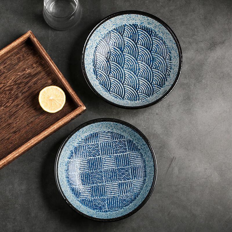 Ruhan Japanese Ceramic 8-inch Deep Plate Set with Sea Wave Pattern