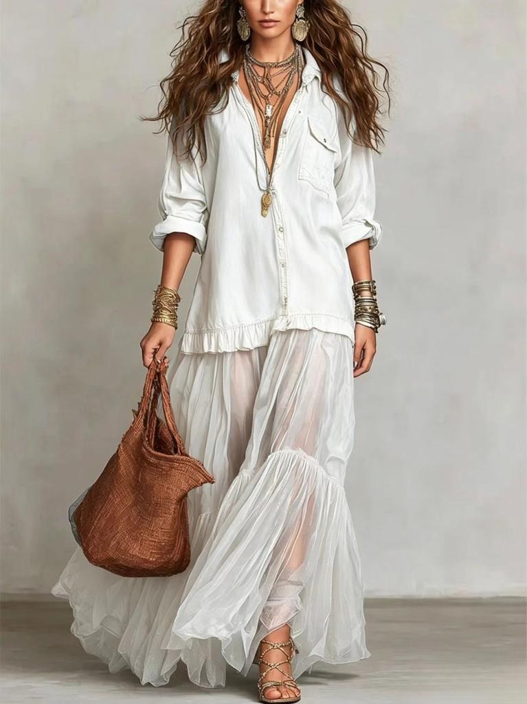 European and American Style Popular Women's Retro Lapel Imitation Denim Dress Casual