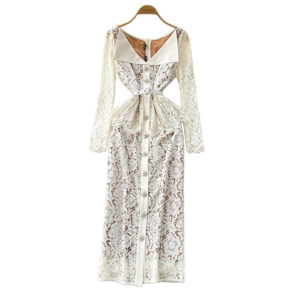 High-end Celebrity Dress Women's Autumn Fashion Lapel Single-breasted Strap Waist Hip-wrapped Lace Long Skirt