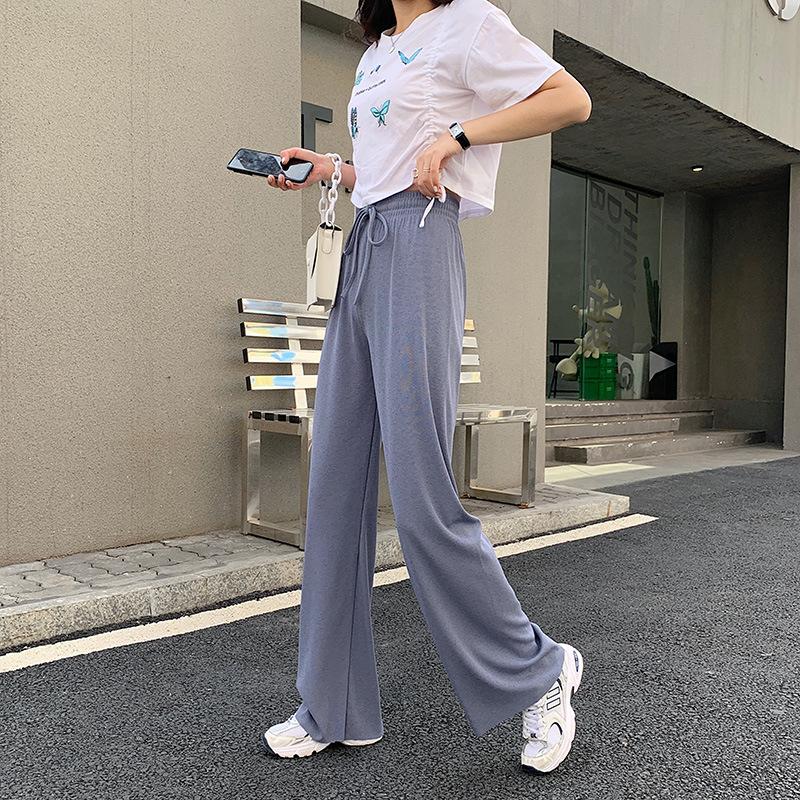 Summer Ladies Ice Silk Light Wide Leg Trousers Girl Solid Color High Waist Loose All-match Straight Casual Pants