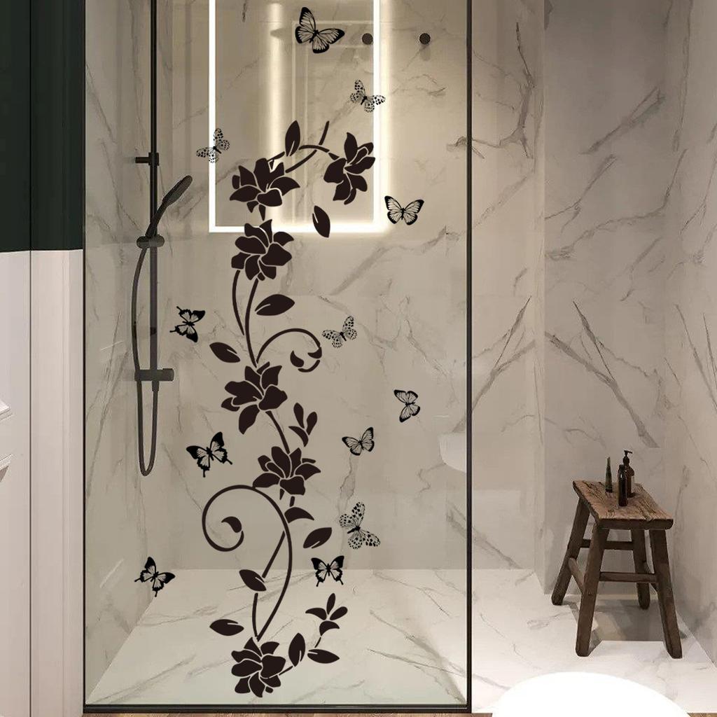 Simple Black Flowers, Butterflies, Vines, Mirrors, Glass Stickers, Home Bathroom Decoration, Self-Adhesive Wall Stickers
