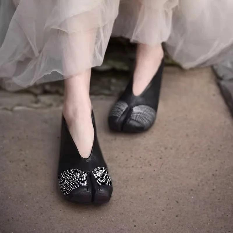 Women Genuine Leather Tabi Flats Woman Split Toe Pig Hoof Shoes Black Outdoor Walking Loafer Mary Janes Ballet Trainers Footwear