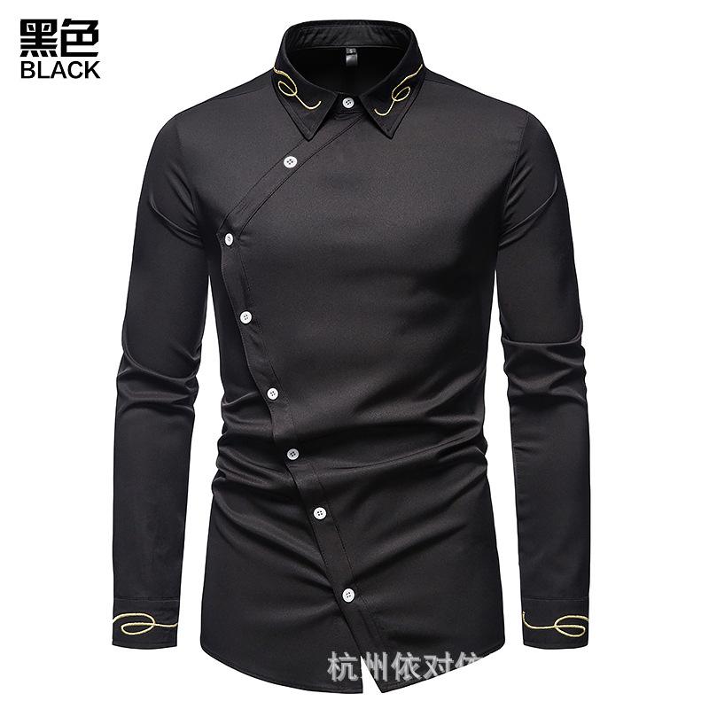Spring Autumn Men's Trend Embroidery Asymmetric Long Sleeve Shirt Western Cowboy Shirt