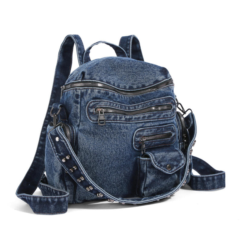 Vintage Denim Backpack Rivet Shoulder Bag Student Schoolbag Class Commuter Backpack