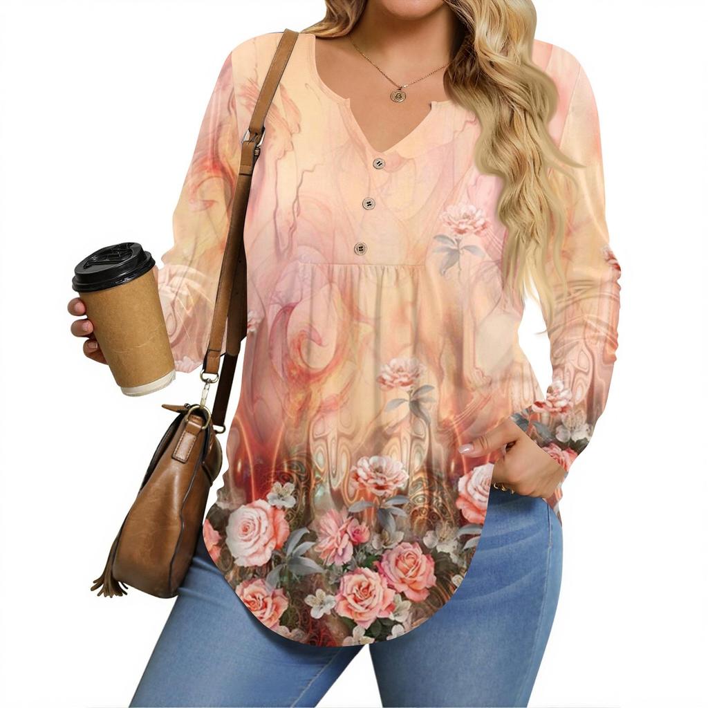 Womens Plus Size Long Sleeve Shirts  V Neck Tunic Tops Basic Loose Fit Tee Tops
