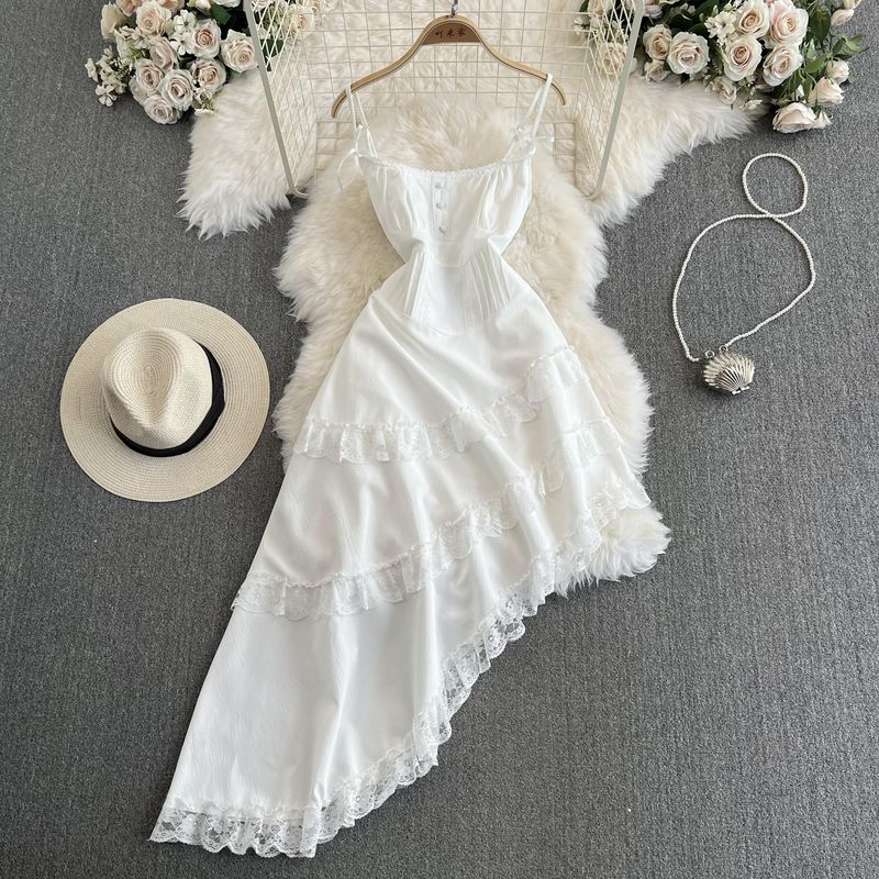 

White Sleeveless Sling Irregular Dress Women s Summer 2024 New Arrival Fancy Oblique Mid Length Long Length Skirt White XL