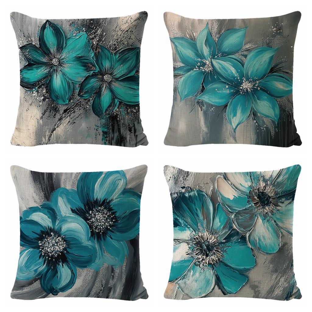 Blue Ink-wash Floral Linen Pillowcase for Living Room Sofa Decoration, Pillow Cover with Label